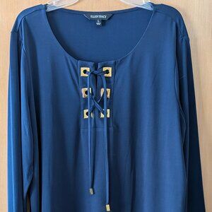 Ellen Tracy L Navy Long Sleeve Blouse with Front Tie and Gold Accents